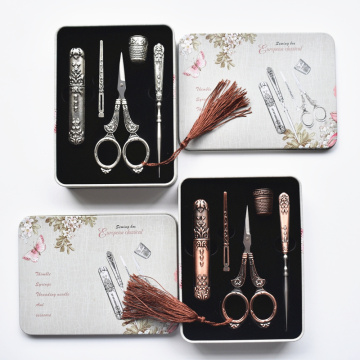 1 Set Retro Vintage Scissors Awl Threader Thimble Iron Box Cross Stitch Scissors Sewing Scissors Embroidery Scissors Thread Tool