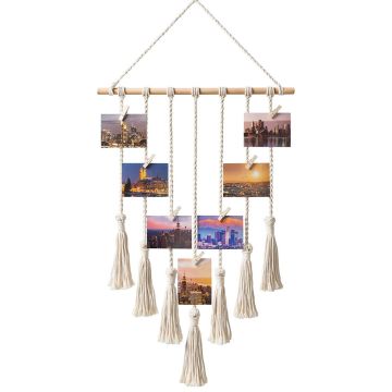 Hanging Photo Display Macrame Wall Hanging Pictures Organizer Home Decor, with 25 Wood Clips