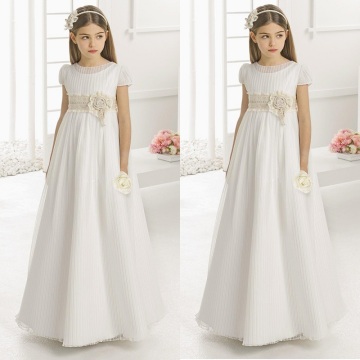 Vintage Flower Girl Dresses for Wedding Empire Waist Short Sleeve Tulle Crew Champagne Lace Sash Children First Communion Gowns