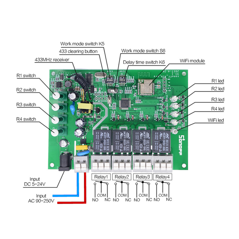 Itead Sonoff 4CH Pro R2 433mhz 4 Channels Gang RF Wireless Remote Wifi Smart Switch Inching Interlock Relay Alexa Google Home