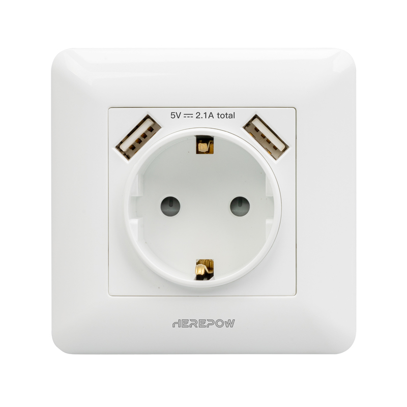 Herepow 2020 Wall Power White phone socket Grounded 16A EU Standard Electrical Outlet With 2100mA Dual USB Charger Port