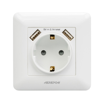 Herepow 2020 Wall Power White phone socket Grounded 16A EU Standard Electrical Outlet With 2100mA Dual USB Charger Port