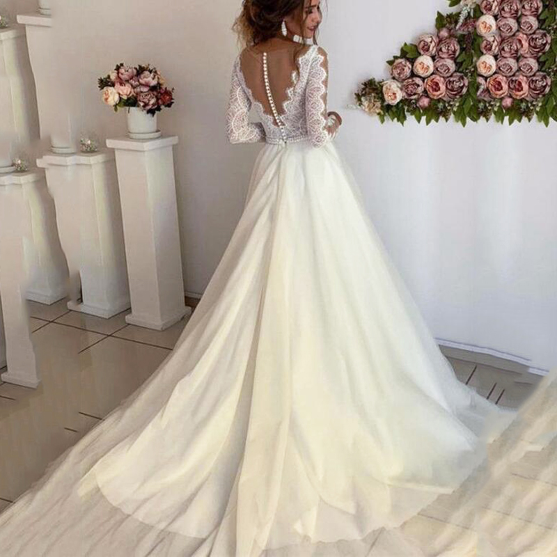 vestidos de novia 2020 A-line Wedding Dresses V neck Long Sleeves Bridal Dress Lace Princess Wedding Gowns With Belt plus size