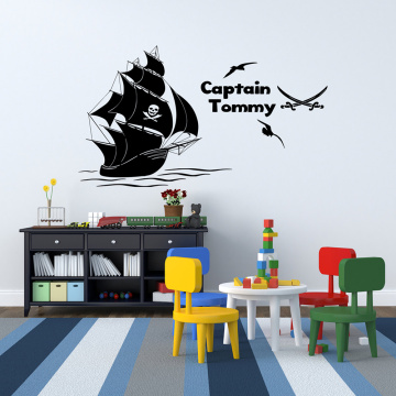 Personalised Pirate Captain Custom Name Wall Decals pirate boat Vinyl Wall Sticker for Boys Room Decoration Accessories X728