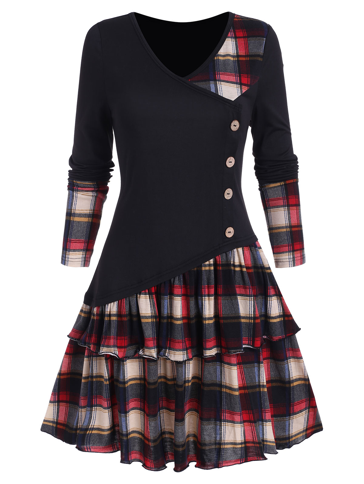 Wipalo Vintage Goth Mini Dress Plus Size Women Plaid Colorblock Button Asymmetric Layered Dress Harajuku Streetwear Casual Dress