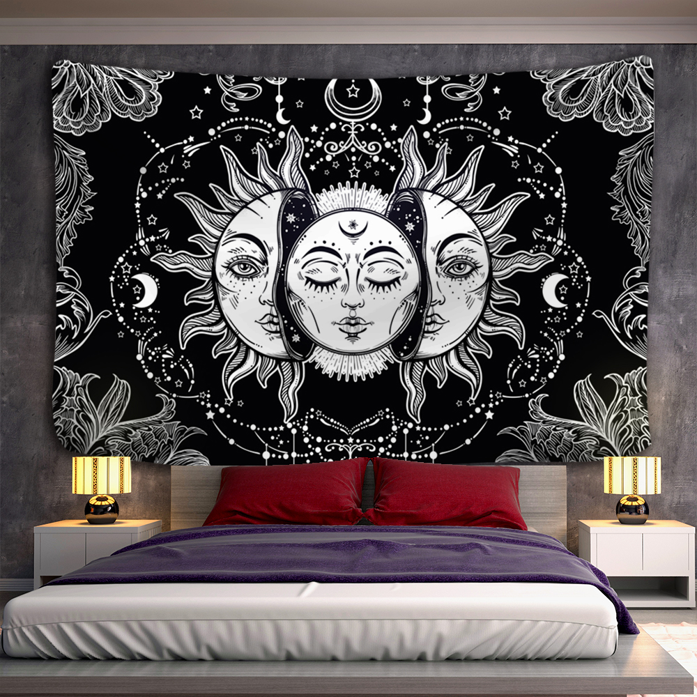 White Black Sun Moon Mandala Tapestry Wall Hanging Celestial Wall Tapestry Hippie Wall Carpets Dorm Decor Psychedelic Tapestry
