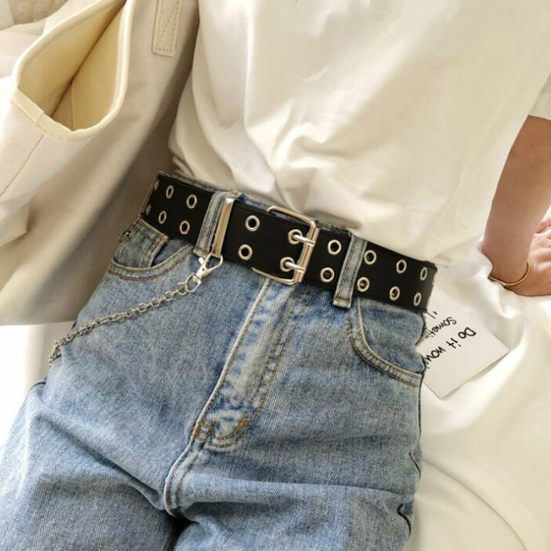 Fashion Women Punk Chain Belt Adjustable Double/Single Row Hole Eyelet Jeans Waistband with Eyelet Chain Decorative Belts 2020