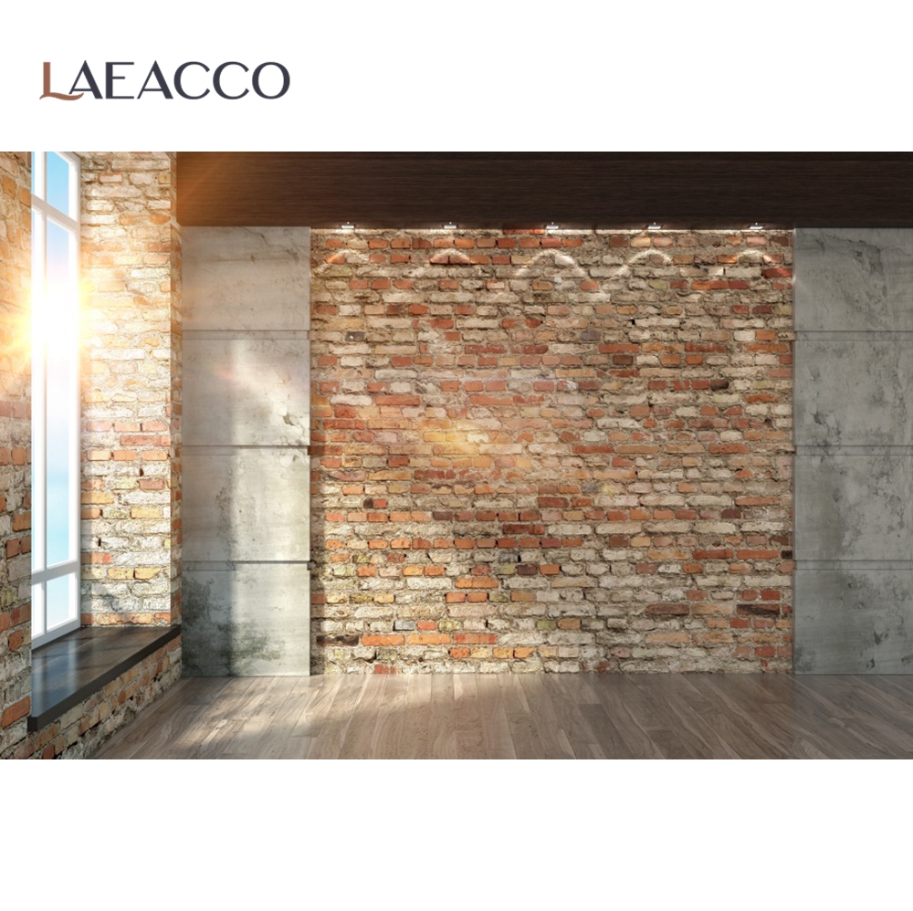 Laeacco Modern Living Room Stone Brick Wall Curtain Window Floor Light Interior Photography Background Backdrop For Photo Studio