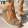 2020 New Women Wedge Sandals Summer Bead Studded Detail Platform Sandals Buckle Strap Peep Toe Thick Bottom Casual Shoes Ladies