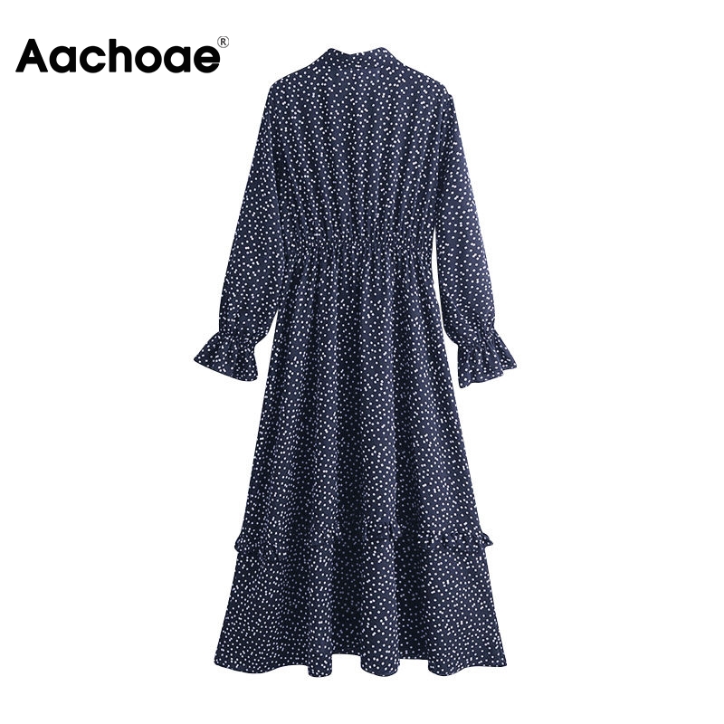 Aachoae Women Geometric Print Vintage Long Dresses 2020 Bow Tie Collar Casual Midi Dress Female Ruffle Long Sleeve Elegant Dress