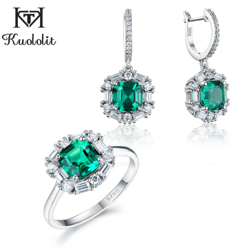 Kuololit Emerald gemstone Luxury Jewelry Set for Women Real 925 Sterling Silver Asscher cutting Ring Earrings for Bridal Gift
