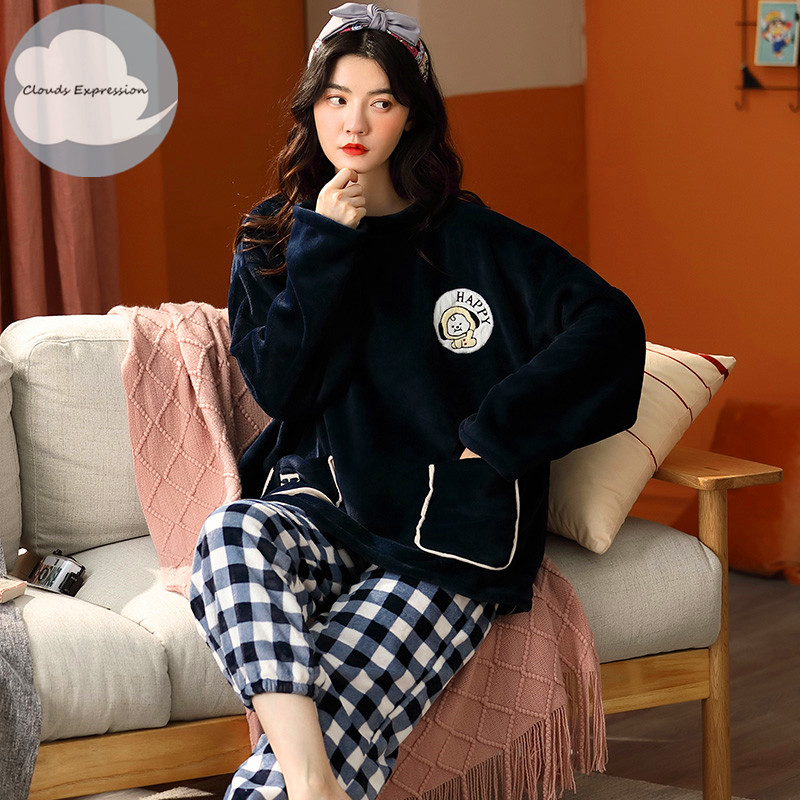 Winter Warm Thicken Elegant Women's Sleepwear Pajamas Lady Pajama Set Pullover Coral Fleece Pijamas Mujer Fashion Homewear Sets