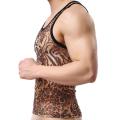 Leopard Print Mens Undershirt See Through Sheer Mesh Sleeveless T Shirts Muscle Tank Top T-shirt Sexy Gay Men Underwear Clothing