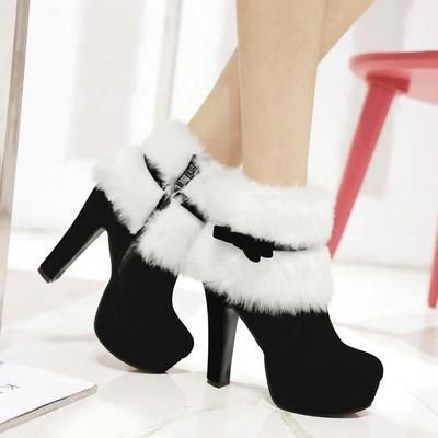 Big Size 34-43 Winter Female Ankle Snowboots High Heels Christmas Warm Short Plush Red Boots Women Bowtie Zipper Shoes Woman