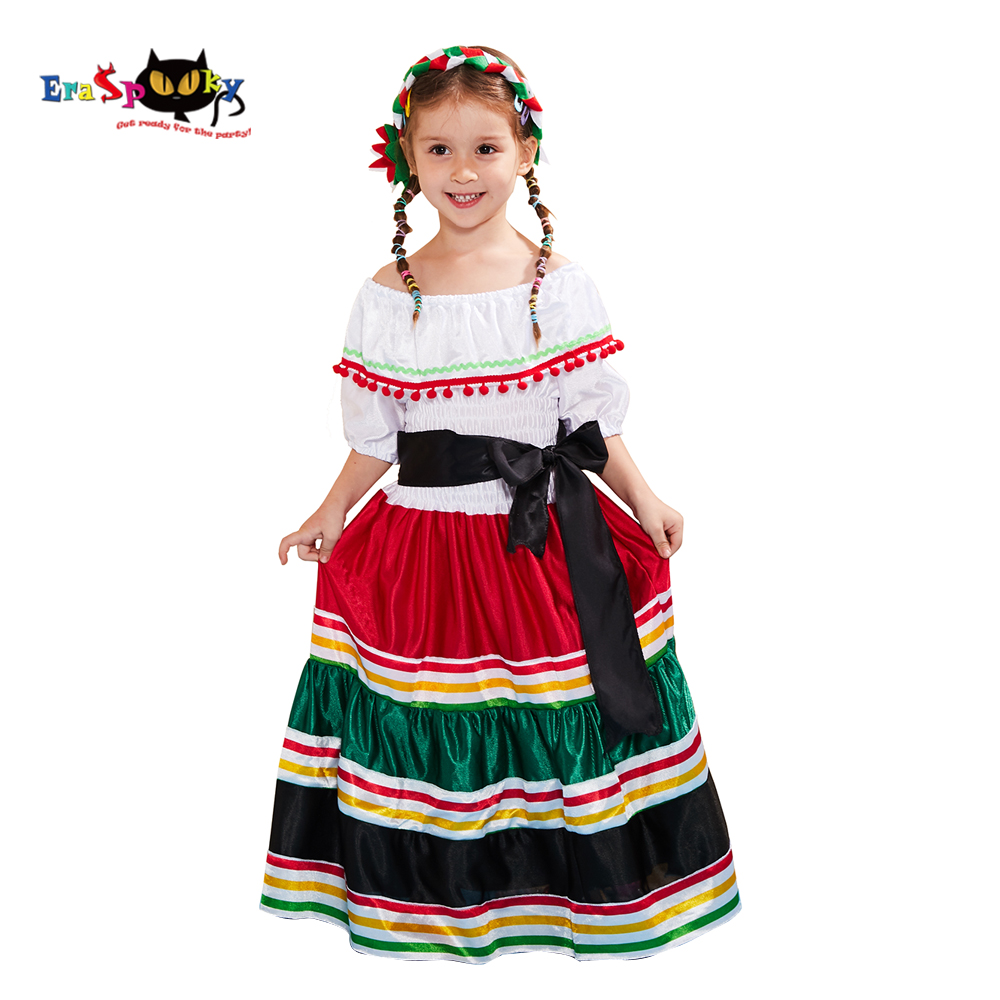 Eraspooky Traditional Folk Mexican Dress Girls Halloween Costume For Kids Mexico Carnival Party Dance Performance Fancy Dress