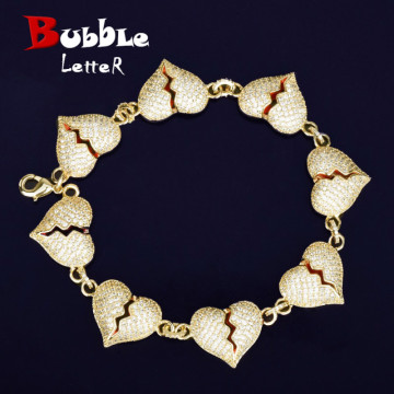 8inch Broken Heart Bracelet Chain Gold Color AAA Cubic Zircon Men's Women Hip hop Jewelry For Love Gift