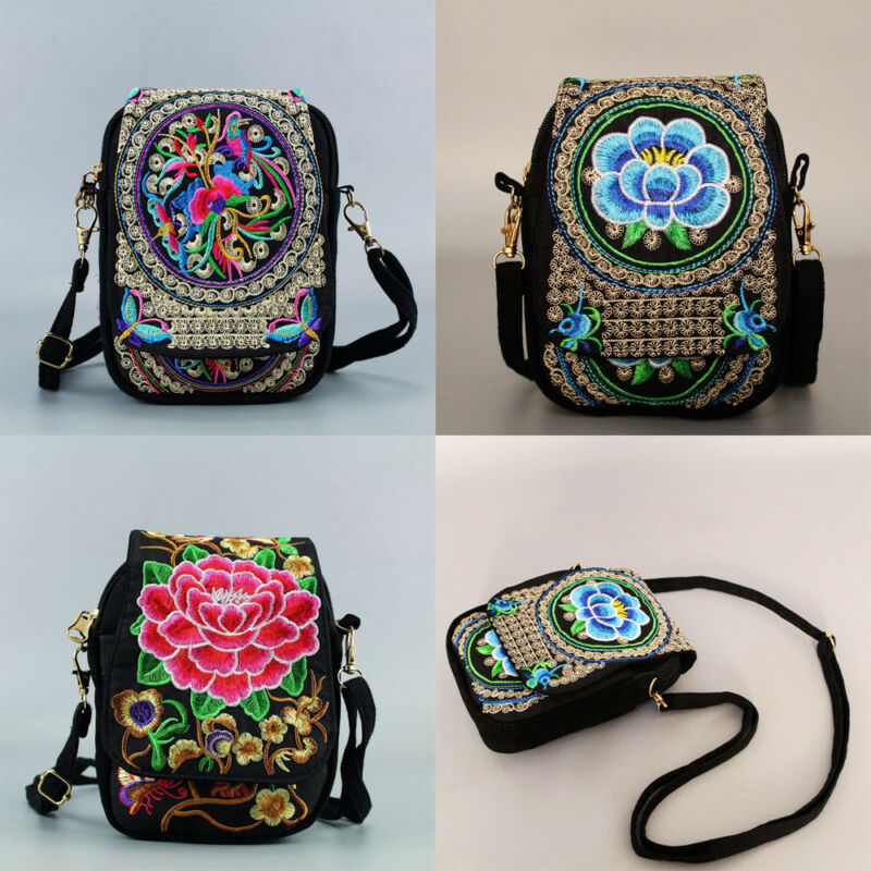 Women Embroidered Crossbody Bag Vintage Floral Cell-Phone Pouch Lady Ethnic Handbags Casual Travel Shoulder Bag For Female Girls