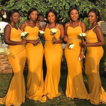 Simple Yellow Bridesmaid Dresses Spaghetti Straps Satin Robe De Soiree Long Wedding Party Gowns Appliques Maid Of Honor Dress