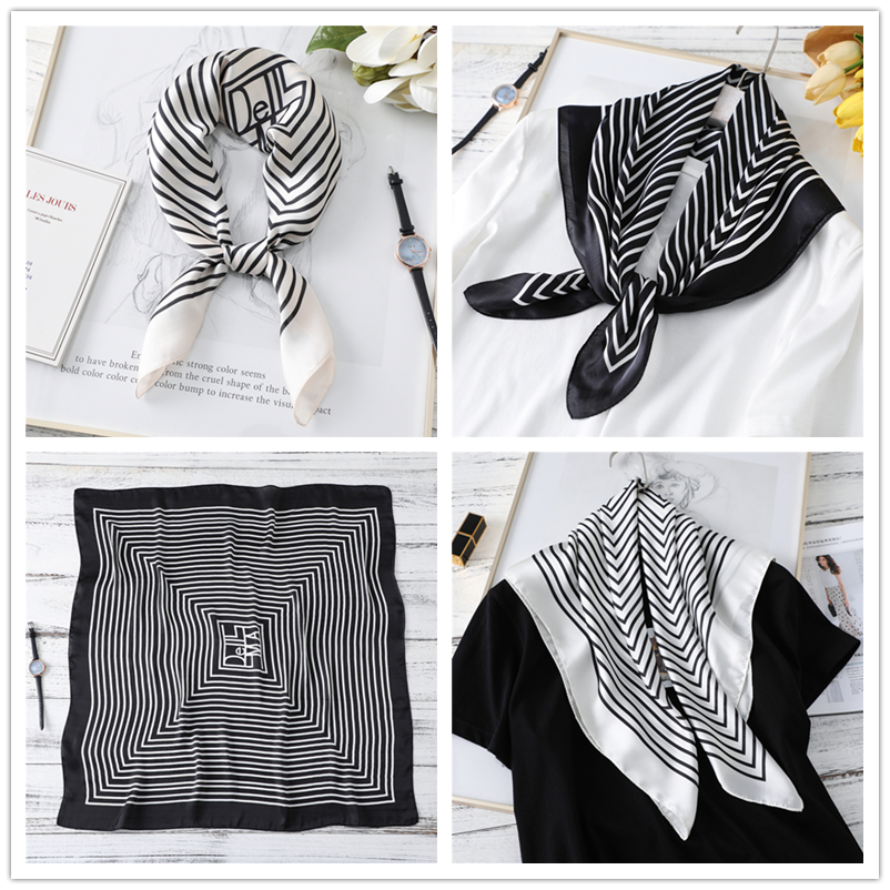 Striped Print Women Silk Scarf for Neck Wraps Summer Neckerchief Bandana Shawls Scarves Hair Band 2020 Fashion