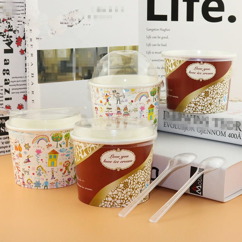 50pcs Disposable ice cream paper bowl thickening 300ml cartoon big salad fried yogurt bowl soup food paper cup with lid