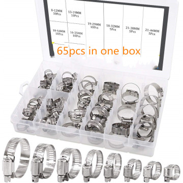 65pcs Hose Clips Adjustable 8-44mm 304 Stainless Steel Worm Gear Hose Clamp Assortment