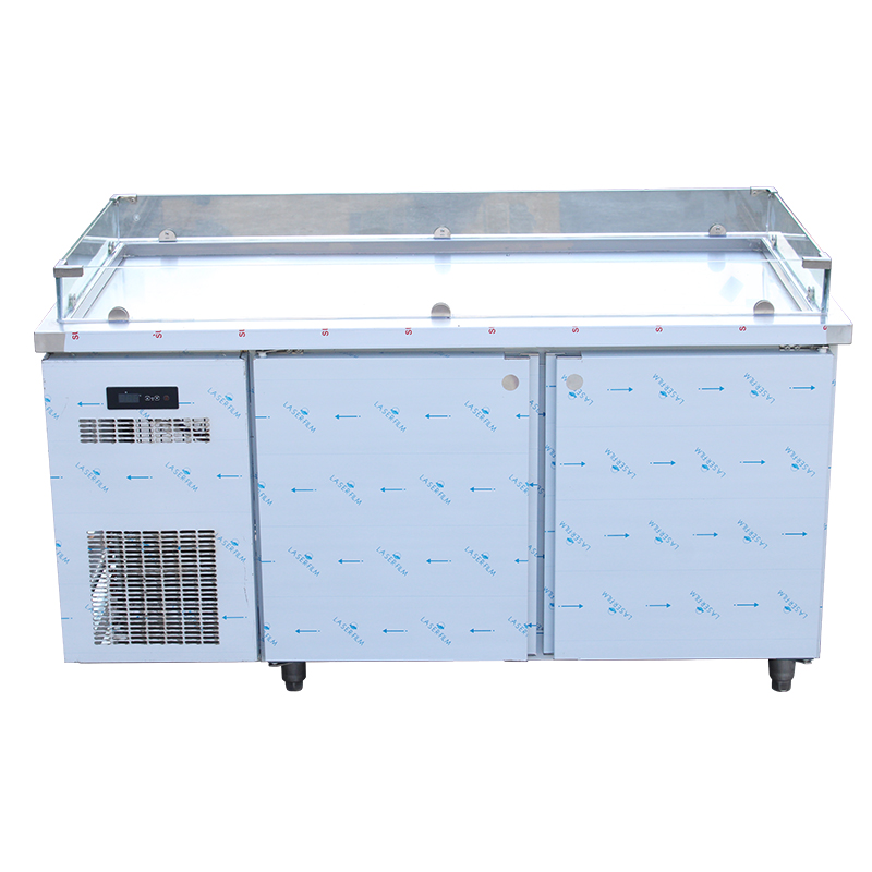commercial seafood prep counter with glass guard