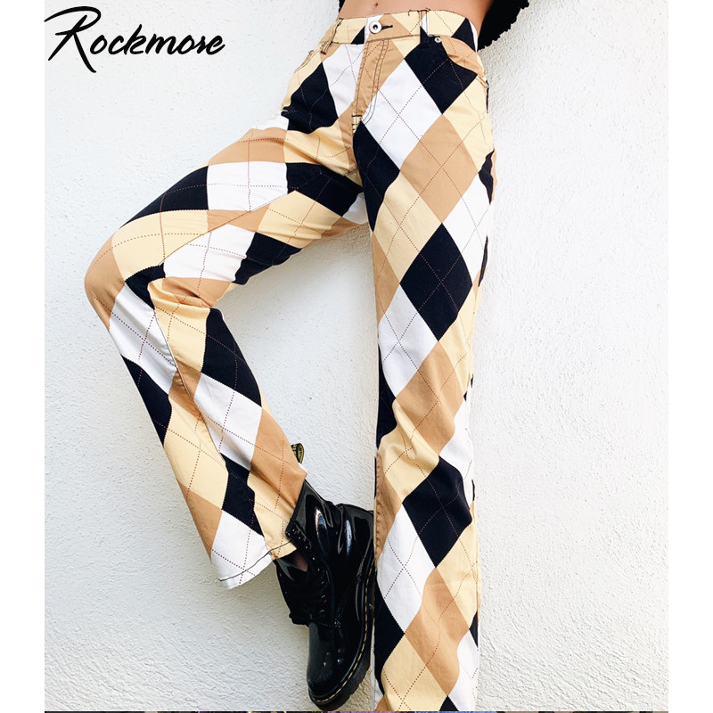 Rockmore Plaid Split Wide Leg Pants For Women Streetwear Zipper Up Straight Pants Baggy Checkered High Waisted Trousers Korean