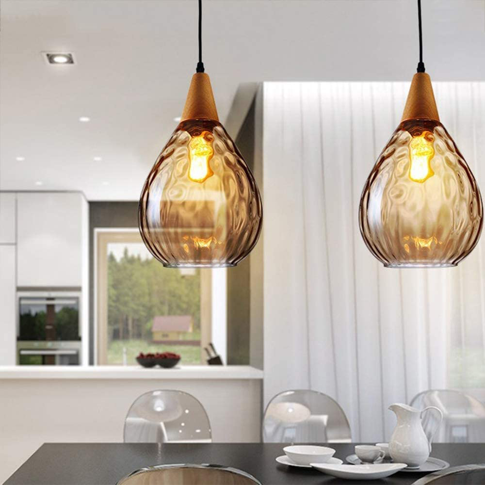 Nordic LED Pendant Lights Water Drop Glass Wood Loft Pendant Lamp Kitchen Light for Loft Kitchen Island Cafe Bar Dining Room