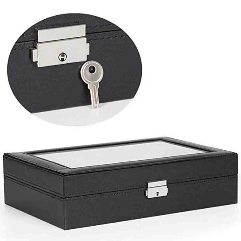 Watch Box Case Men PU Leather Display Storage Holder 8 Watches Cufflinks & 8 Slots Rings Organizer Tray With Glass Top-Black
