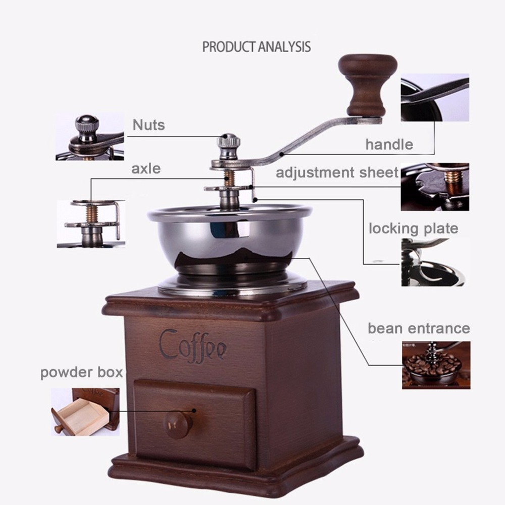 Antique Household Manual Grinder Coffee Grinder Coffee Maker Coffee Bean Grinder Stainless Steel With Wooden Base Coffee Grinder