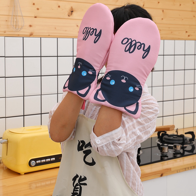 Cute Cat Paws Oven Mitts 3D Cartoon Baking Insulation Gloves Long Cotton Microwave Heat Resistant Non-slip Kitchen Gloves