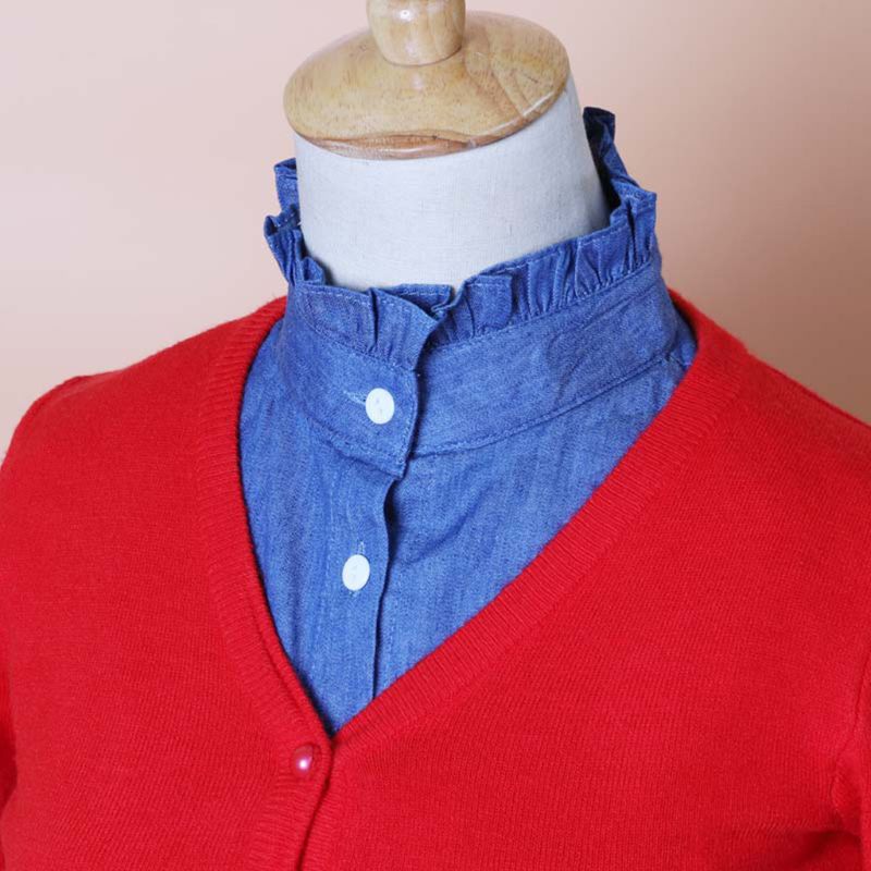 Minimalist Stripes Denim Women Detachable Lapel Fake Collar Cute Ruffles Lace Splicing Button Down False Half Shirt Blouse
