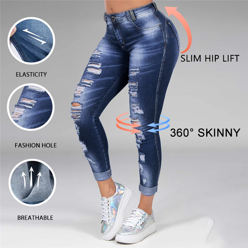 Washed Ripped Jeans Women Plus Size S-5XL Korean High Waist Trousers Skinny Denim Jeans Black Blue Hollow Bleached Pencil Pants