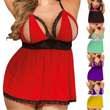 Women Night Dress Plus Size Sexy Nightgowns Lace Mesh Lingerie Babydoll Split Cup Nightwear Sleepwear Thongs Set