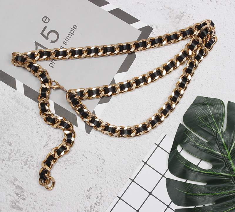 [EAM] Pu Leather Black Metal Chain Split Joint Long Belt Personality Women New Fashion Tide All-match Spring 2021 1T186