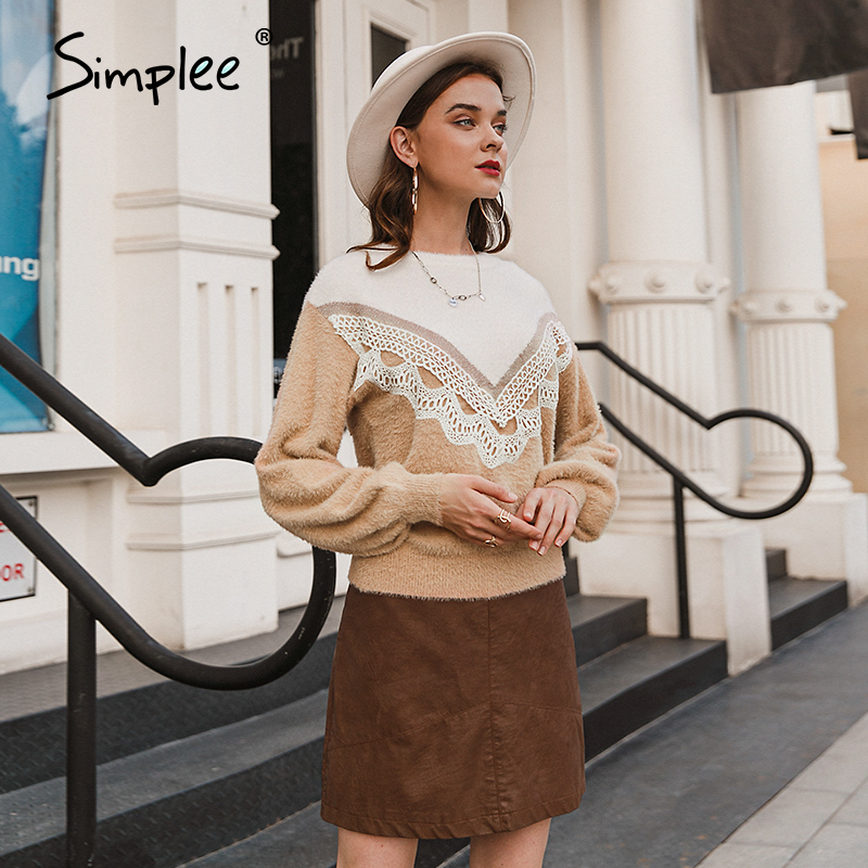 Simplee Elegant impact color lace white jumper O-neck shoulder drop hairy pullover Casual home soft autumn winter sweater ladies