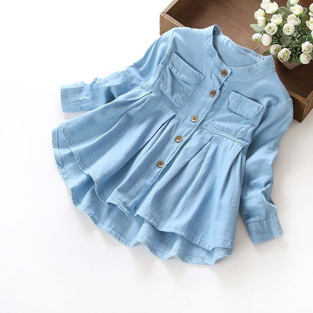 Solid Jean Shirts Toddler Children Kids Girls Long Sleeve Denim Tops Girl Blouses Clothing Autumn Baby Girls Jeans Shirts New