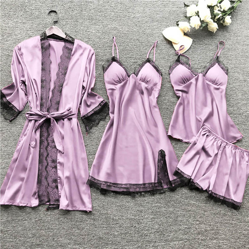 Women Lace Silk Satin Pajamas Sets Sleepwear 4 Pieces Nightwear Pyjama Spaghetti Strap Sleep Lounge Pijama Home Wear 2020