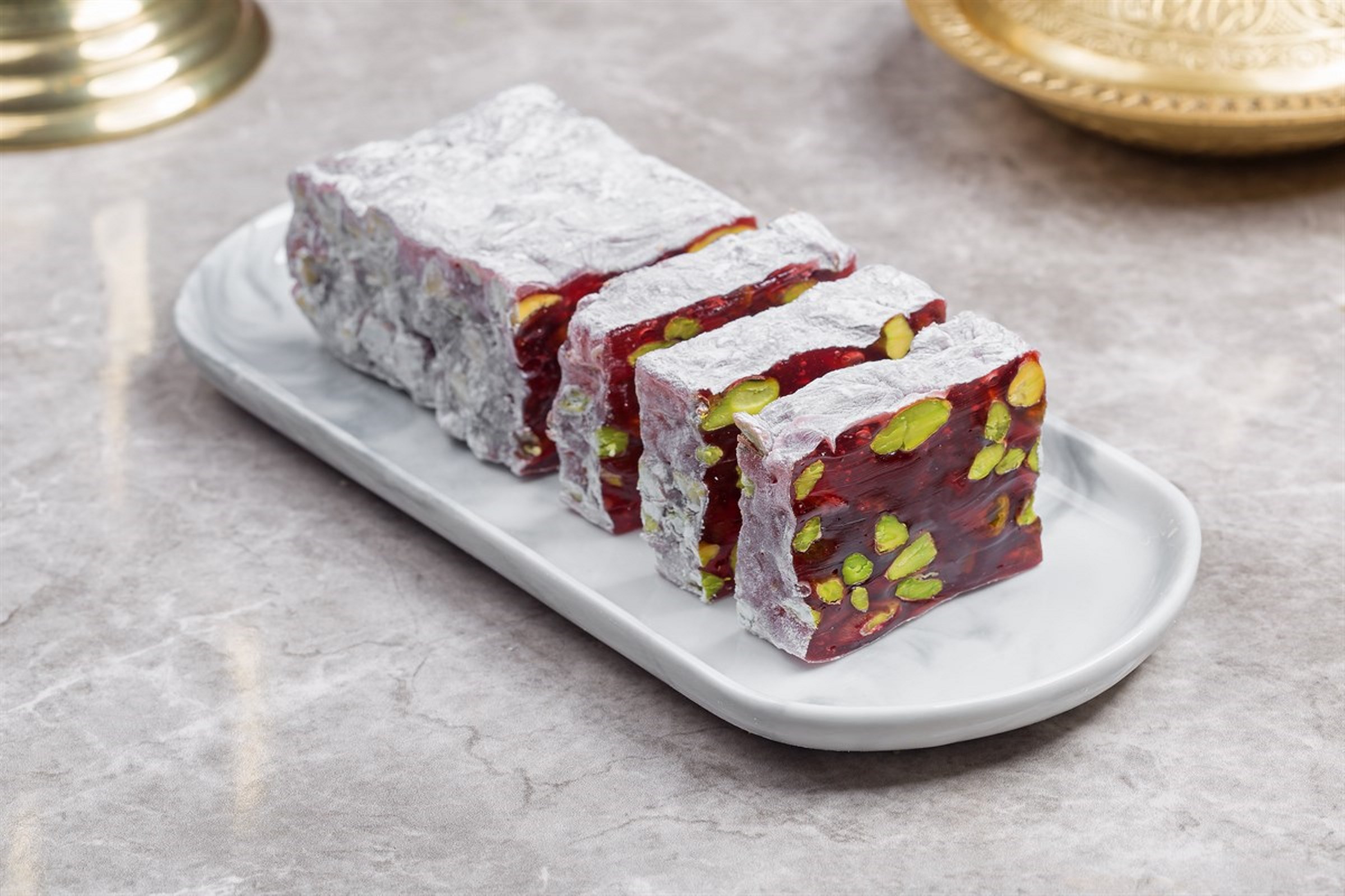 Fresh Delicious Pomegranate Pistachio Croquant Turkish Delight. Free Worldwide Delivery within two to seven days with DHL.