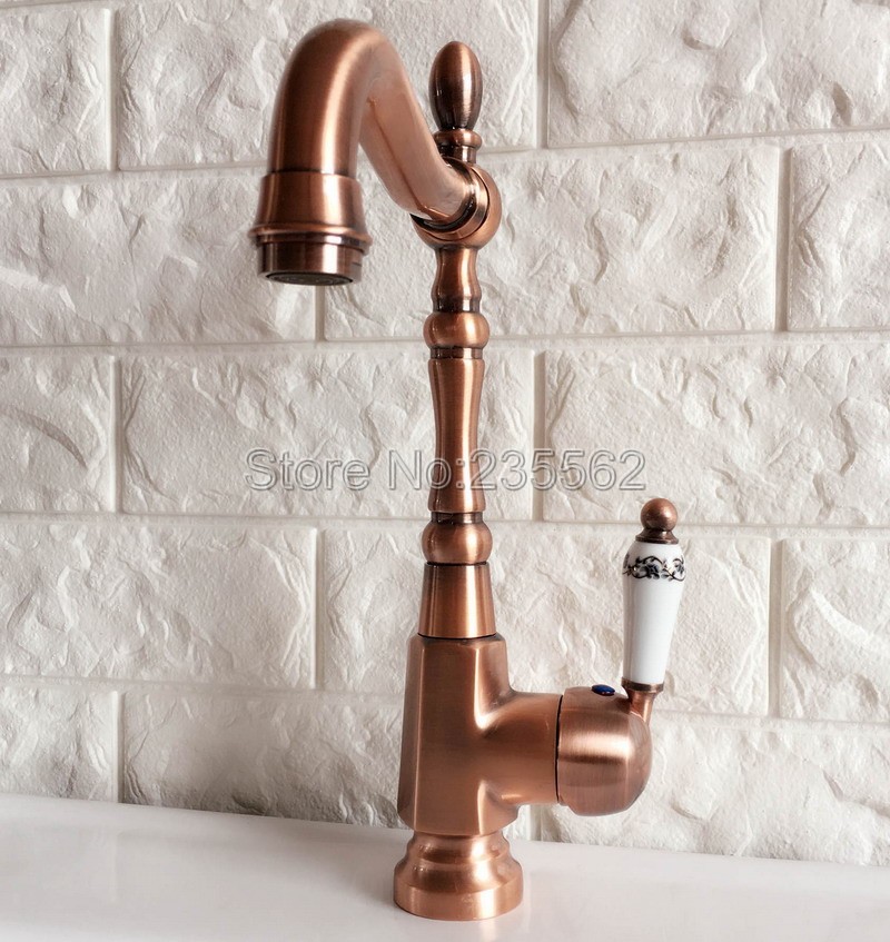 Antique Red Copper Kitchen Sink Faucet Washbasin Faucets Ceramic Lever Cold & Hot Water Mixer Bathroom Taps Deck Mounted lnf418