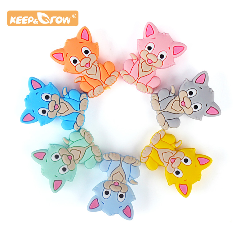 Keep&Grow 10pcs Cat Teether Silicone beads Rodent DIY Baby Kitten Animal Cartoon Chewing Pacifier Chain Jewelry Toy Accessories