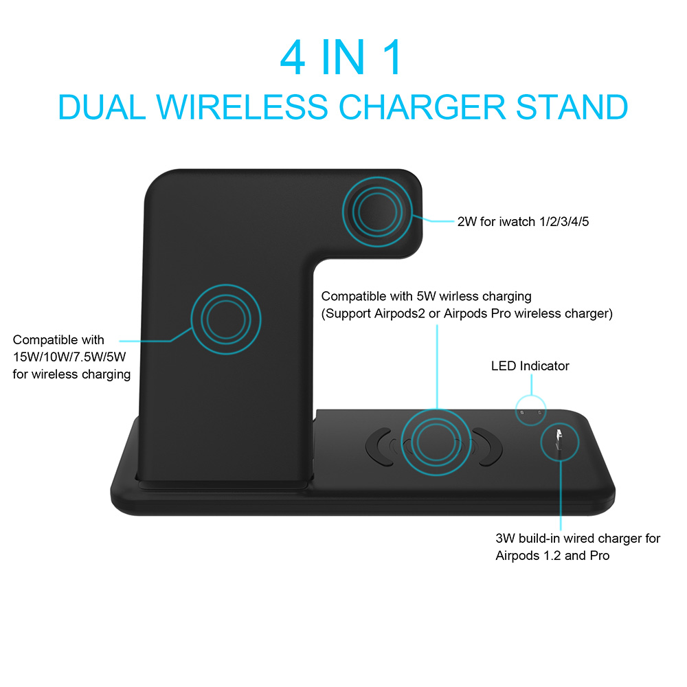 DCAE Wireless Charging Dock Station for iPhone 11 XS XR X 8 4 in 1 15W Qi Fast Charger Stand for Apple Watch 5 4 3 2 Airpods Pro