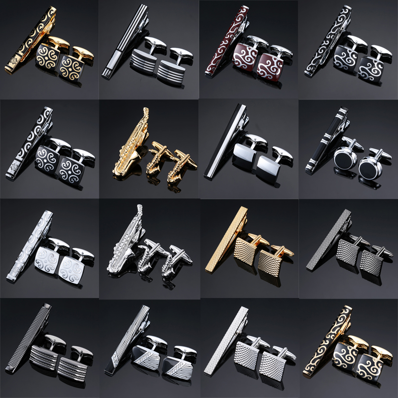 High Quality Cuff links necktie clip for tie pin for men's gift Classic pattern tie bars cufflinks tie clip set Men Jewelry