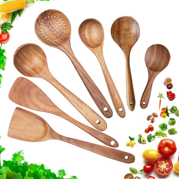 Wooden Spoon Kitchen Utensils Set Kitchen Tool Natural Teak Wood Cooking Tool Sets Nonstick Spatula Soup Spoons Dropshipping