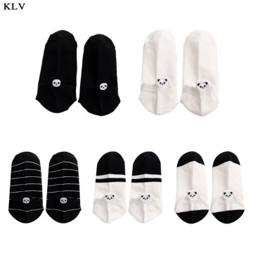 Female Girls Cute Cartoon Panda Embroidery Cotton Boat Socks Black White Stripes Low Cut Shallow Mouth Short Hosiery