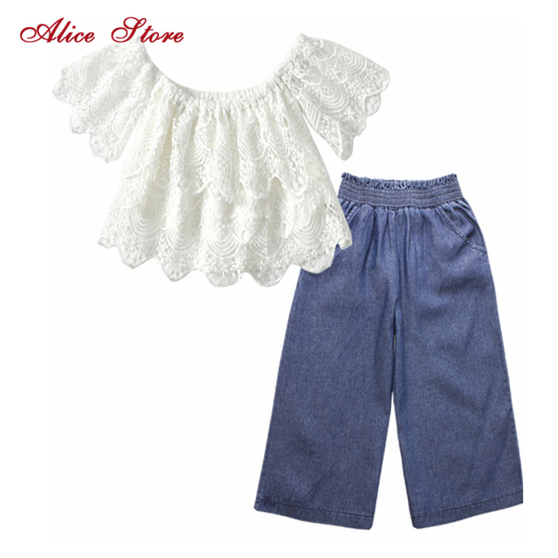 summer new children's European and American clothing sets ins girls lace white shirt + denim wide leg pants suit for kids