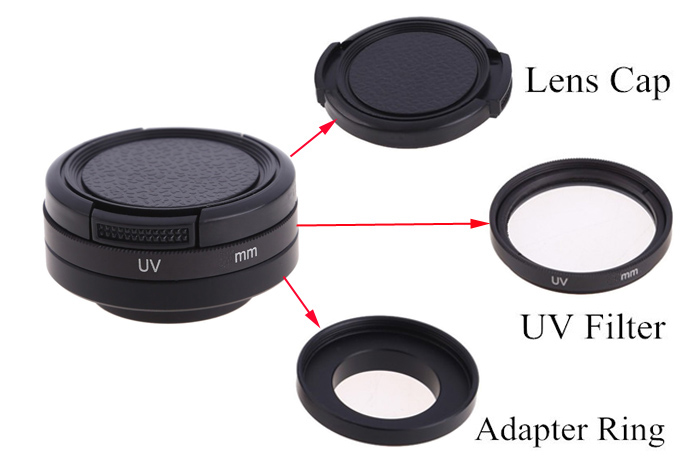 3 In1 37mm / 40.5mm / 52mm / 58mm UV Filter Lens Protector+Adapter Ring + Lens Cap for Go Pro HD Hero 4 /3 plus / 3 /3+