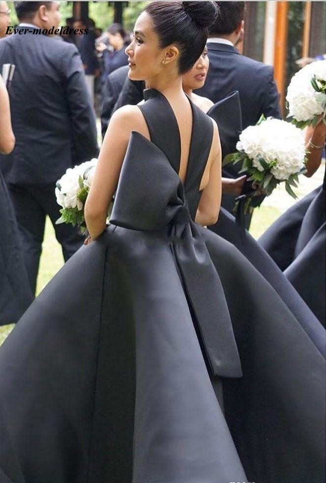 Lovely Ankle Length Bridesmaid Dresses 2021 Backless Big Bow Short Black Pink Maid of Honor Wedding Guest Party Gowns Plus Size