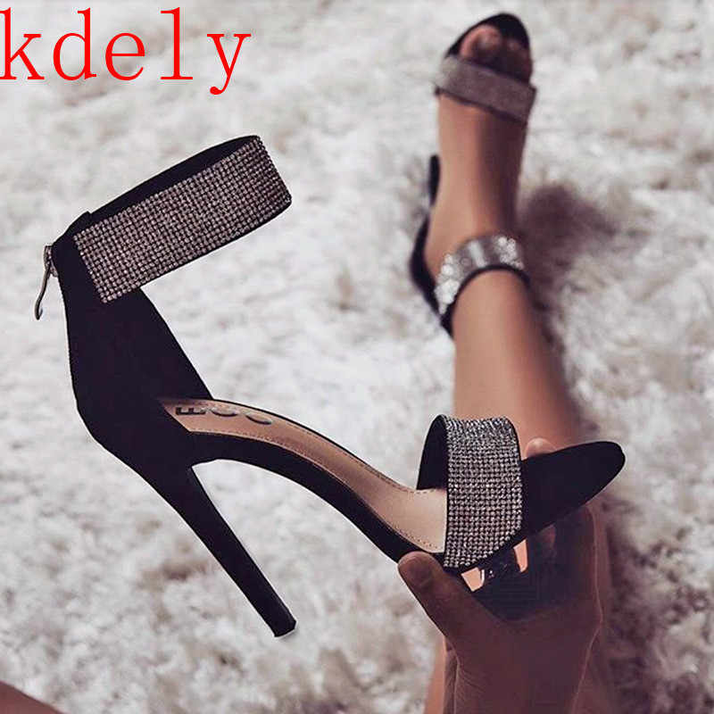 Sparkling Apricot Black Diamond Crystal High Heels Women Sandals 2020 New Summer Sexy Club Heels Sandals Women 35-43