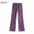 ZEVITY Women vintage cashew nuts print flare pants female leisure zipper fly paisley retro Trousers chic back pockets pants P920